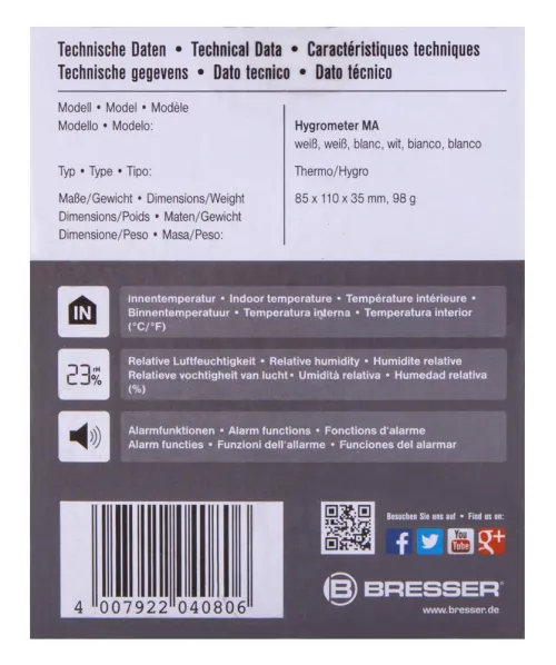 obrázek Vlhkoměr Bresser s alarmem proti plísním, bílý,  10